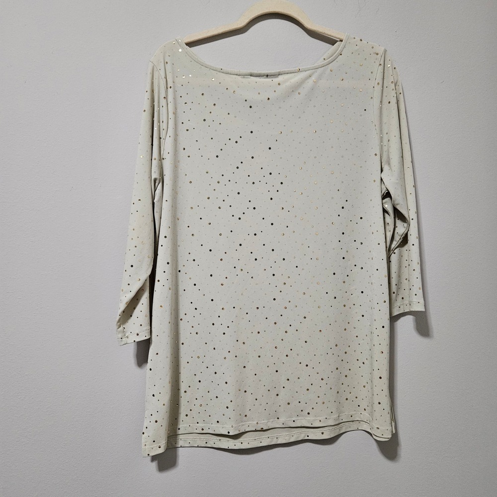Susan Graver Womens Large Gold Foil Polka Dot Cowl Neck 3/4 Sleeve Top Champagne - Picture 5 of 5